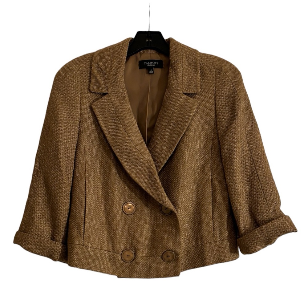 TALBOTS Cropped Tan Tweed Like Blazer with Buttons